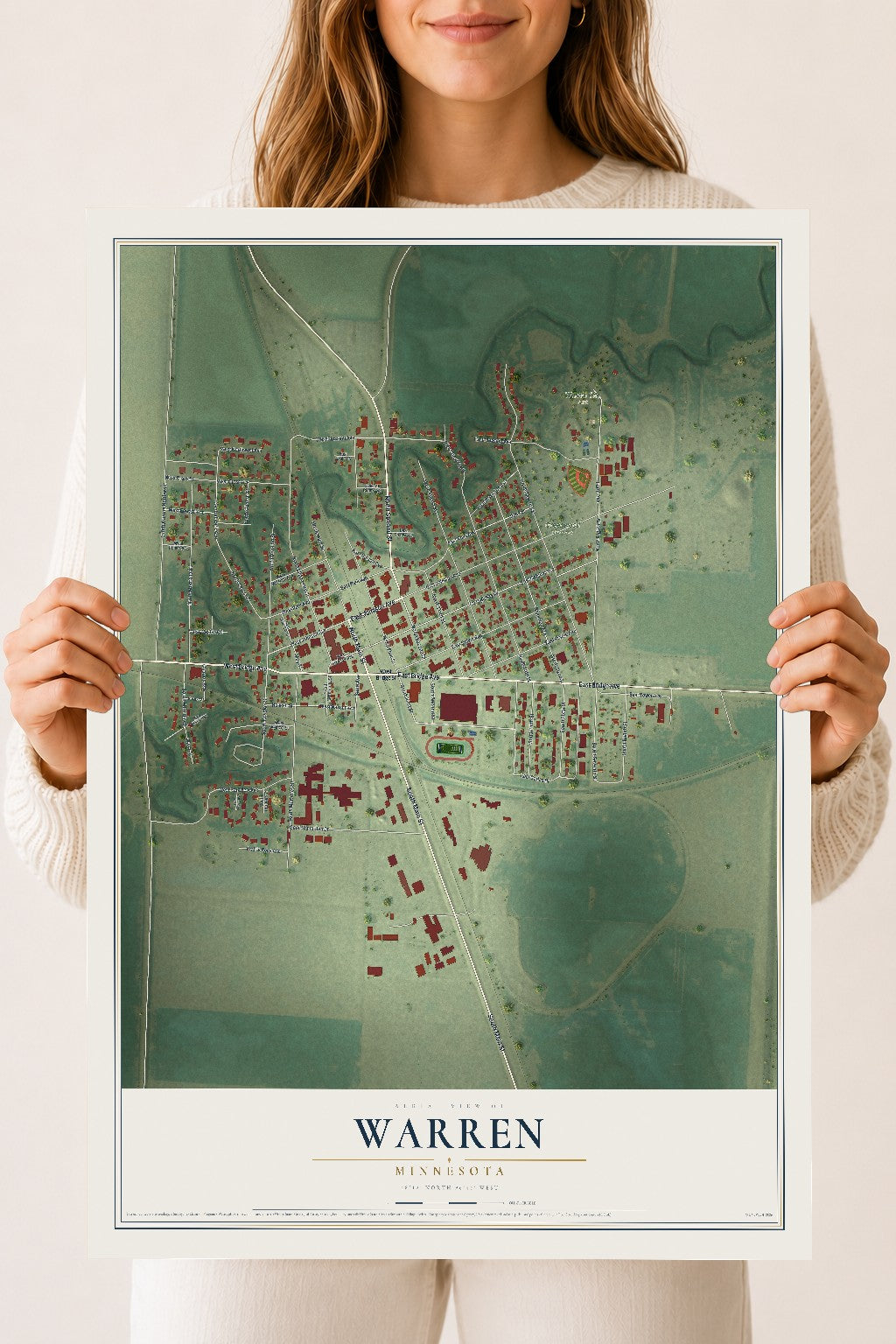 Map of Warren, Minnesota, 18 x 24 inch unframed archival matte print