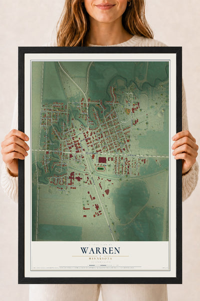 Map of Warren, Minnesota, 18 x 24 inch print in a black wood frame