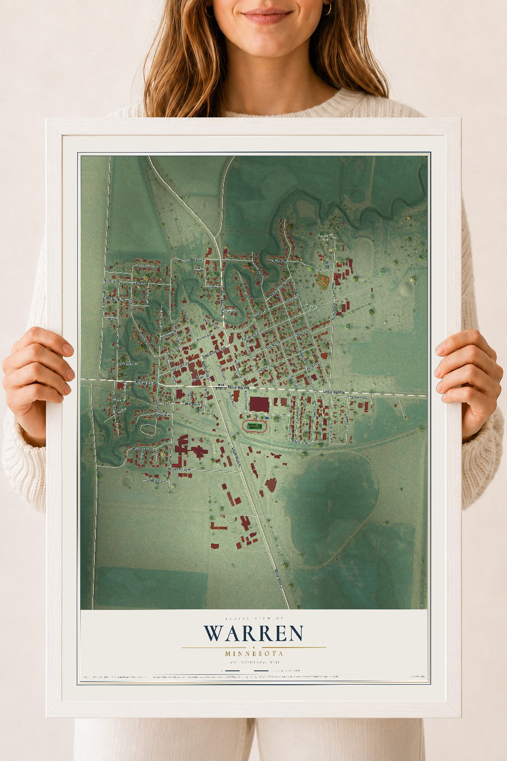 Map of Warren, Minnesota, 18 x 24 inch print in a white wood frame