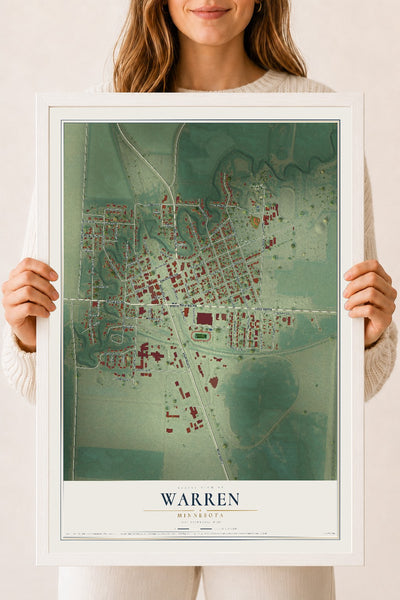 Map of Warren, Minnesota, 18 x 24 inch print in a white wood frame