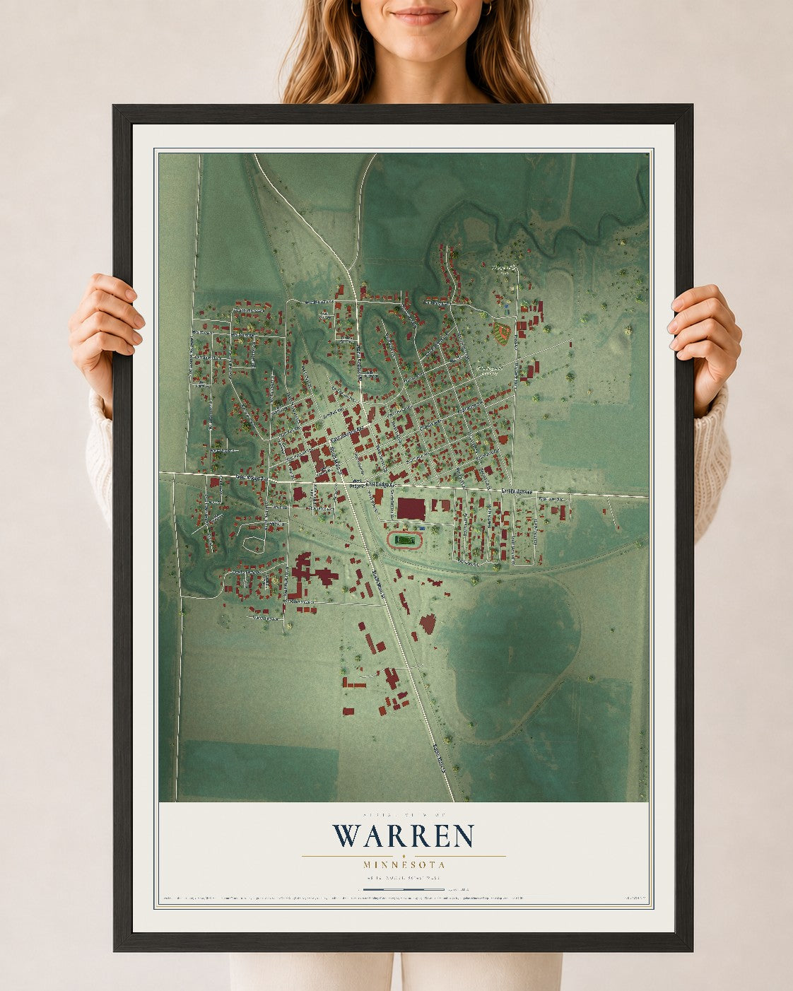 Map of Warren, Minnesota, 24 x 36 inch print in a black wood frame
