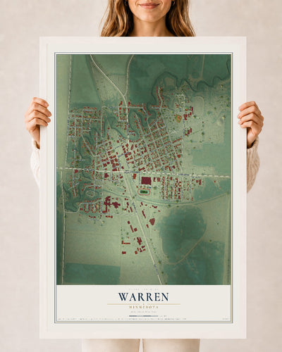 Map of Warren, Minnesota, 24 x 36 inch print in a white wood frame