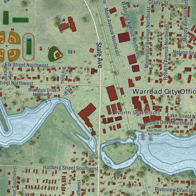 Close-up of the map of Warroad, Minnesota print showing street and building detail