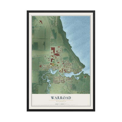 Map of Warroad, Minnesota, 12 x 18 inch print in a black wood frame