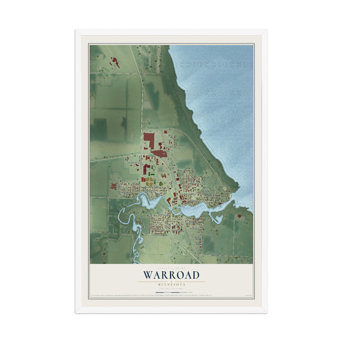 Map of Warroad, Minnesota, 12 x 18 inch print in a white wood frame