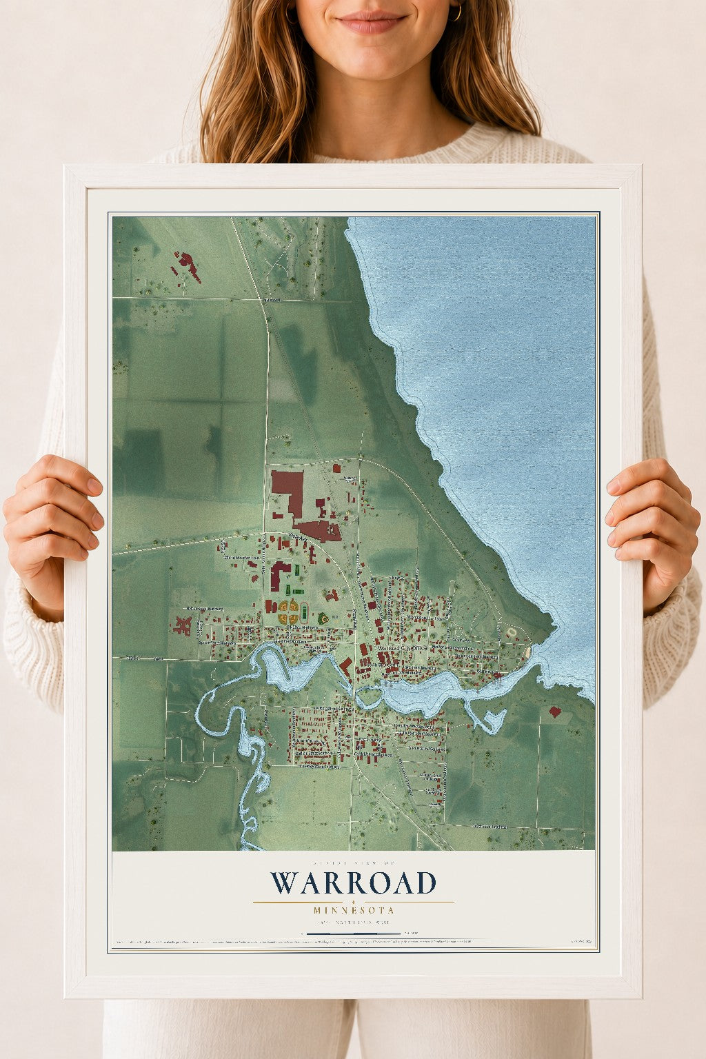 Map of Warroad, Minnesota, 18 x 24 inch print in a white wood frame
