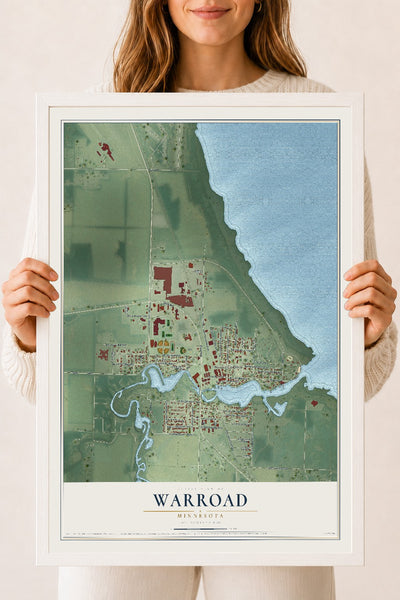 Map of Warroad, Minnesota, 18 x 24 inch print in a white wood frame