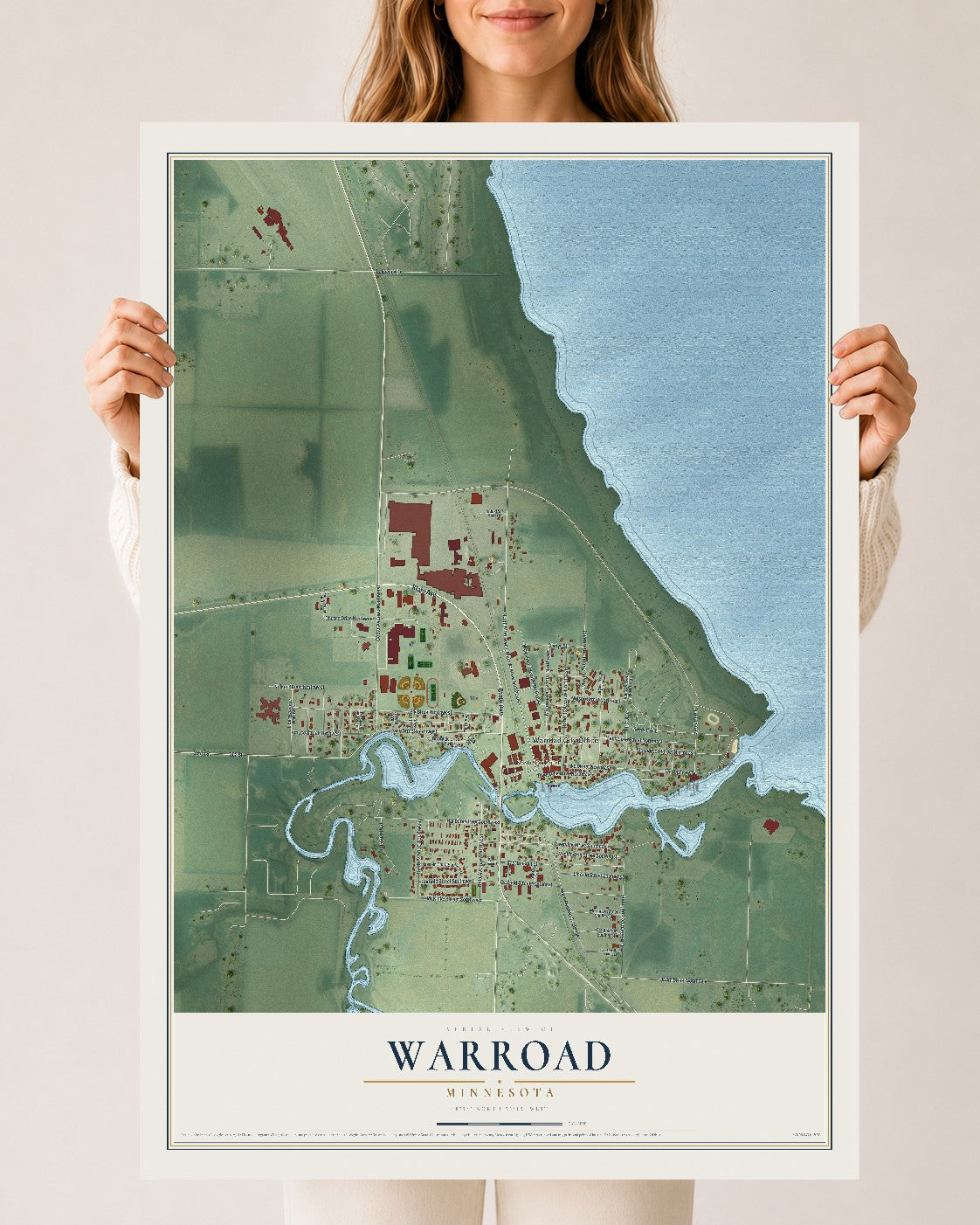 Map of Warroad, Minnesota, 24 x 36 inch unframed archival matte print