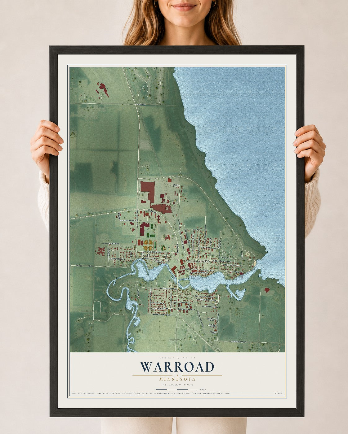 Map of Warroad, Minnesota, 24 x 36 inch print in a black wood frame