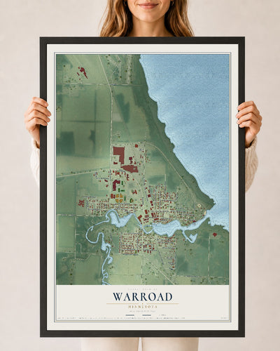Map of Warroad, Minnesota, 24 x 36 inch print in a black wood frame