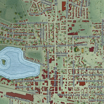 Close-up of the map of Waseca, Minnesota print showing street and building detail