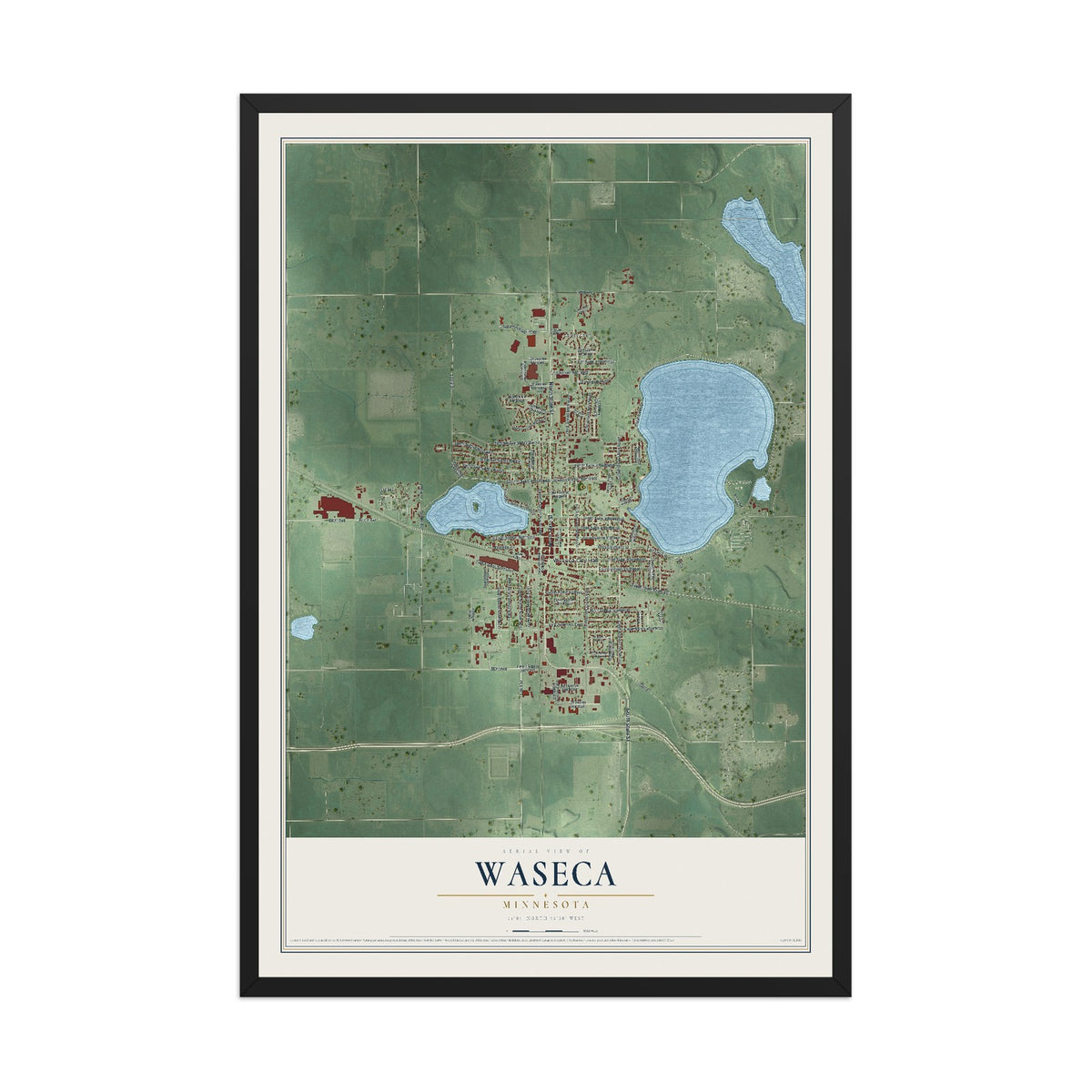 Map of Waseca, Minnesota, 12 x 18 inch print in a black wood frame