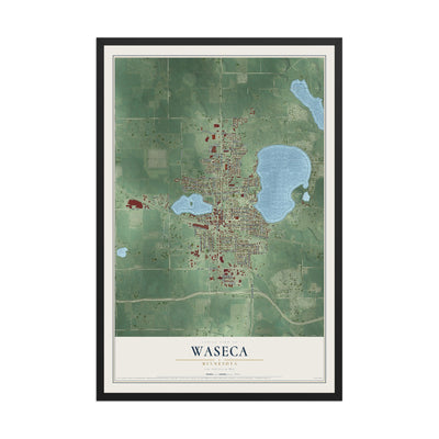 Map of Waseca, Minnesota, 12 x 18 inch print in a black wood frame