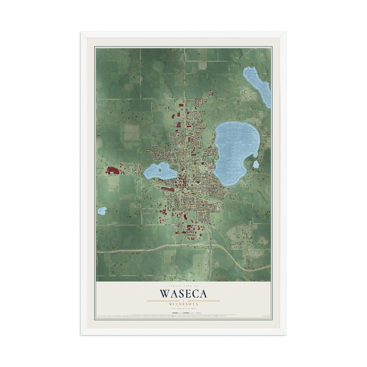 Map of Waseca, Minnesota, 12 x 18 inch print in a white wood frame