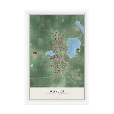 Map of Waseca, Minnesota, 12 x 18 inch print in a white wood frame