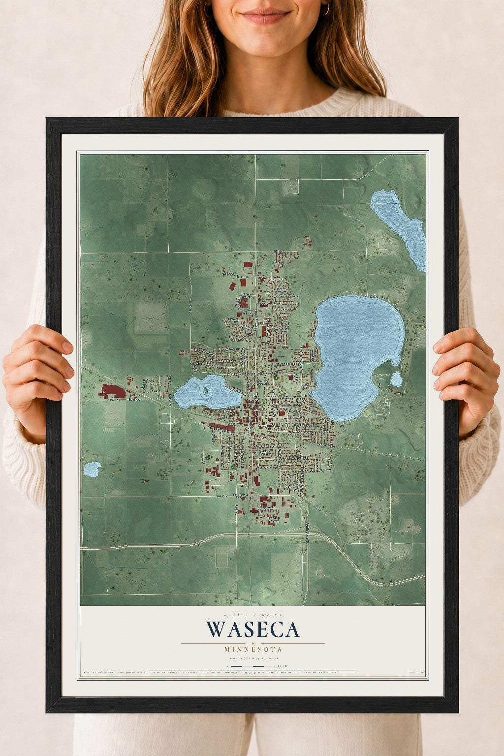 Map of Waseca, Minnesota, 18 x 24 inch print in a black wood frame
