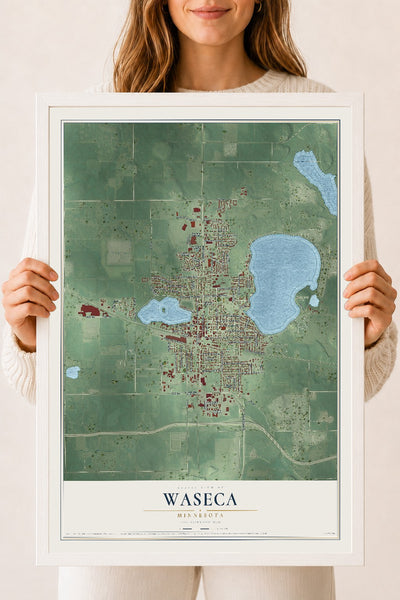 Map of Waseca, Minnesota, 18 x 24 inch print in a white wood frame