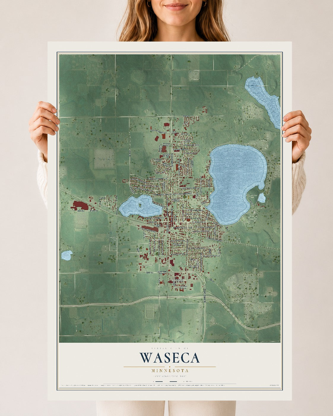 Map of Waseca, Minnesota, 24 x 36 inch unframed archival matte print