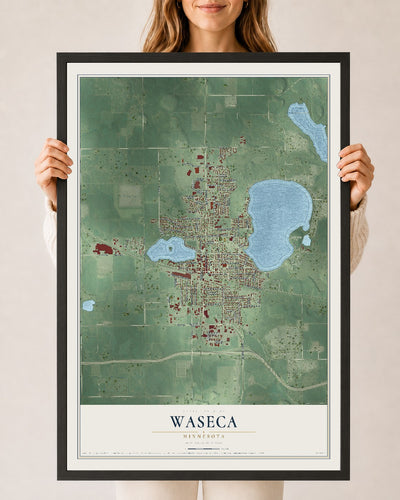Map of Waseca, Minnesota, 24 x 36 inch print in a black wood frame