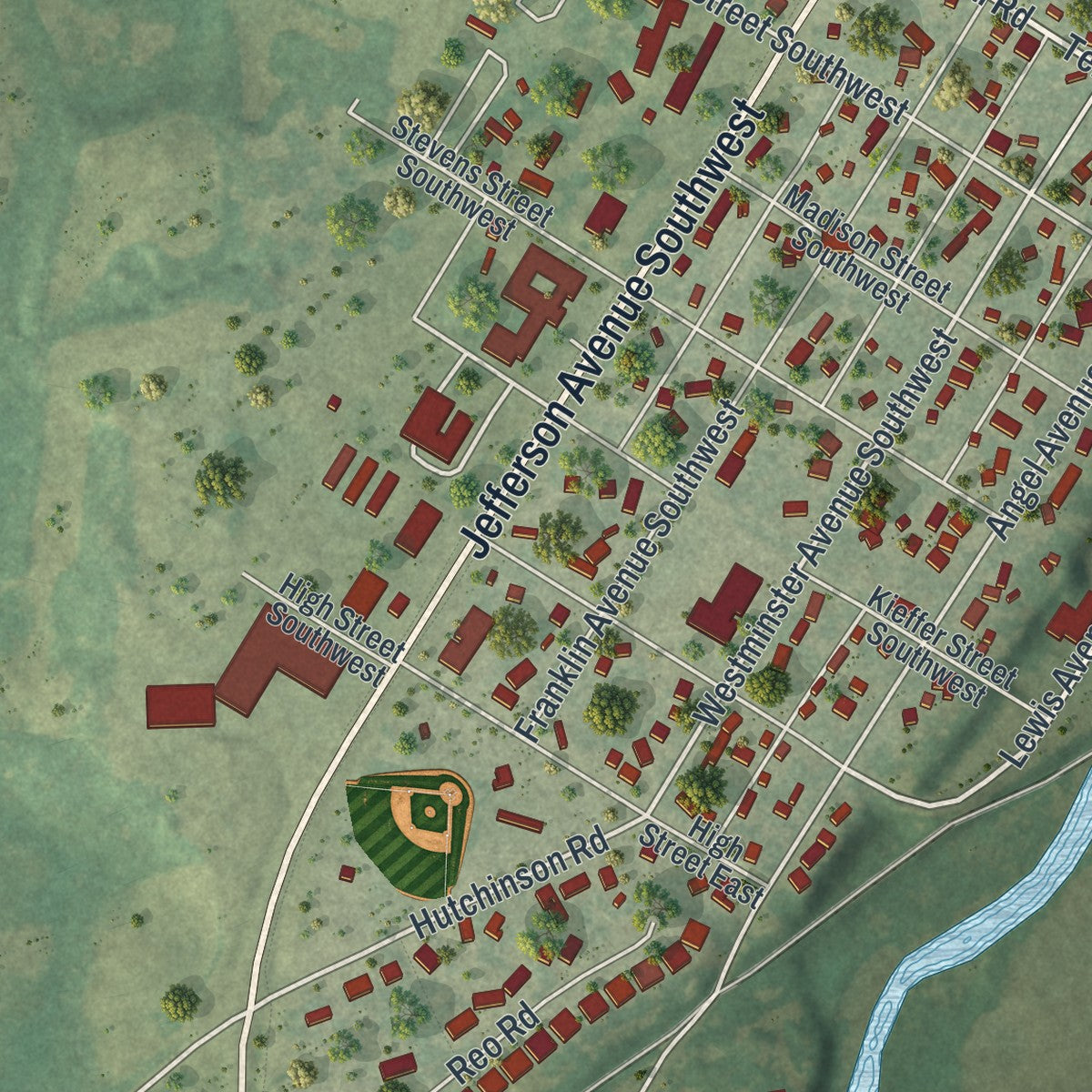 Close-up of the map of Watertown, Minnesota print showing street and building detail