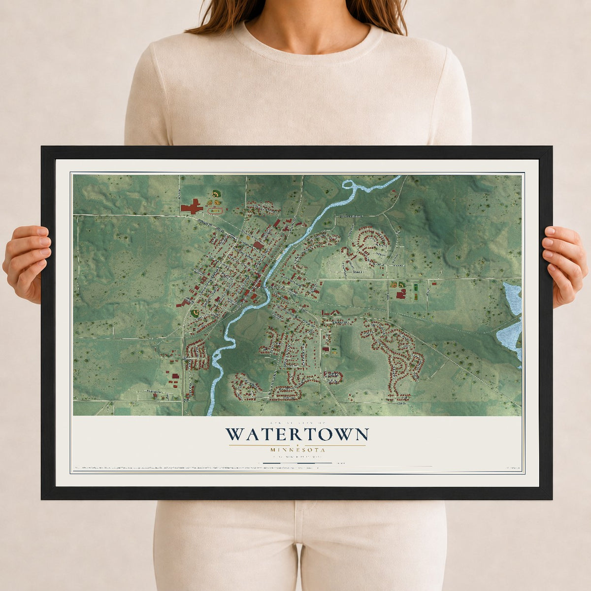 Map of Watertown, Minnesota, 12 x 18 inch print in a black wood frame
