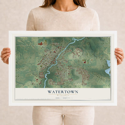 Map of Watertown, Minnesota, 12 x 18 inch print in a white wood frame