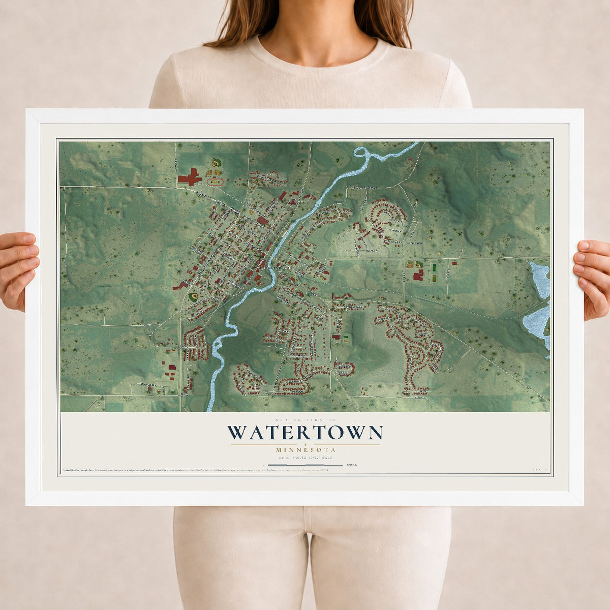 Map of Watertown, Minnesota, 18 x 24 inch print in a white wood frame