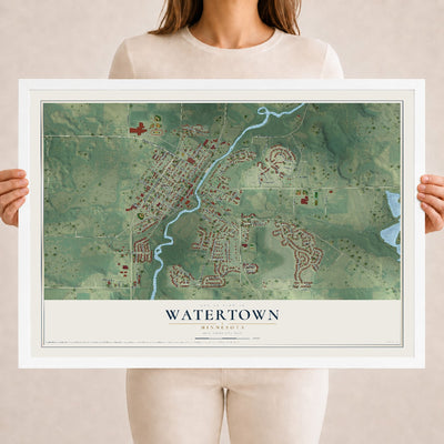 Map of Watertown, Minnesota, 18 x 24 inch print in a white wood frame