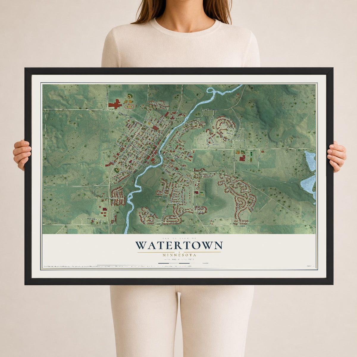 Map of Watertown, Minnesota, 24 x 36 inch print in a black wood frame