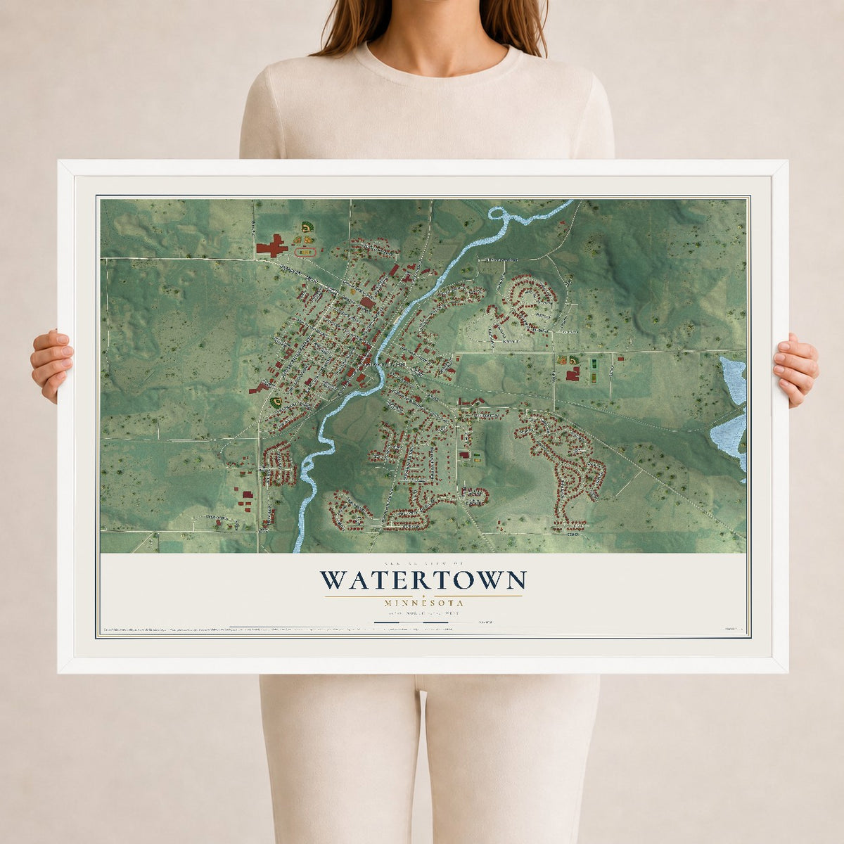 Map of Watertown, Minnesota, 24 x 36 inch print in a white wood frame