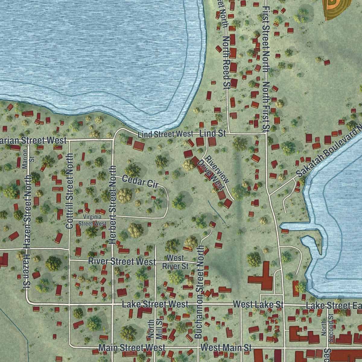 Close-up of the map of Waterville, Minnesota print showing street and building detail