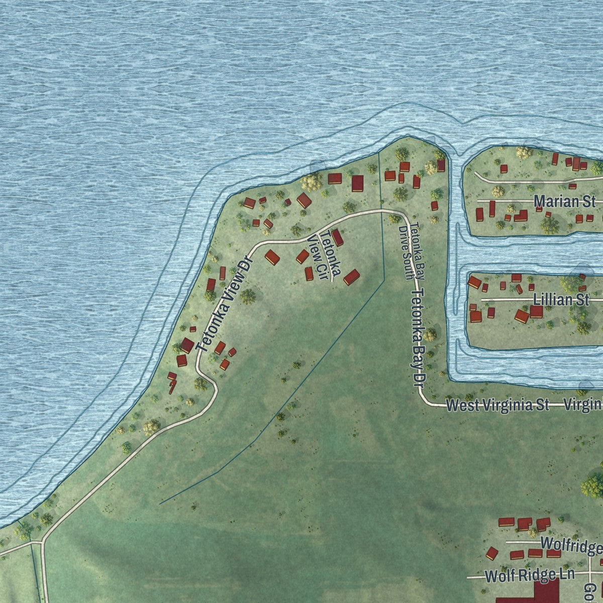 Second close-up of the map of Waterville, Minnesota print showing more streets and buildings
