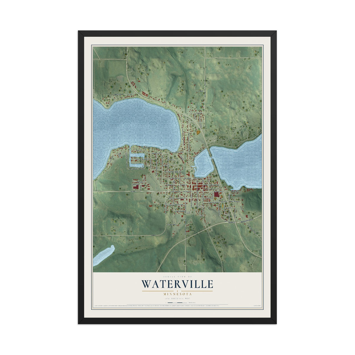 Map of Waterville, Minnesota, 12 x 18 inch print in a black wood frame