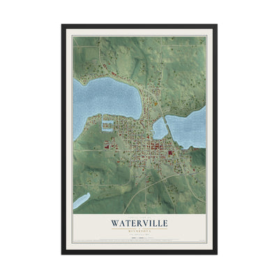 Map of Waterville, Minnesota, 12 x 18 inch print in a black wood frame