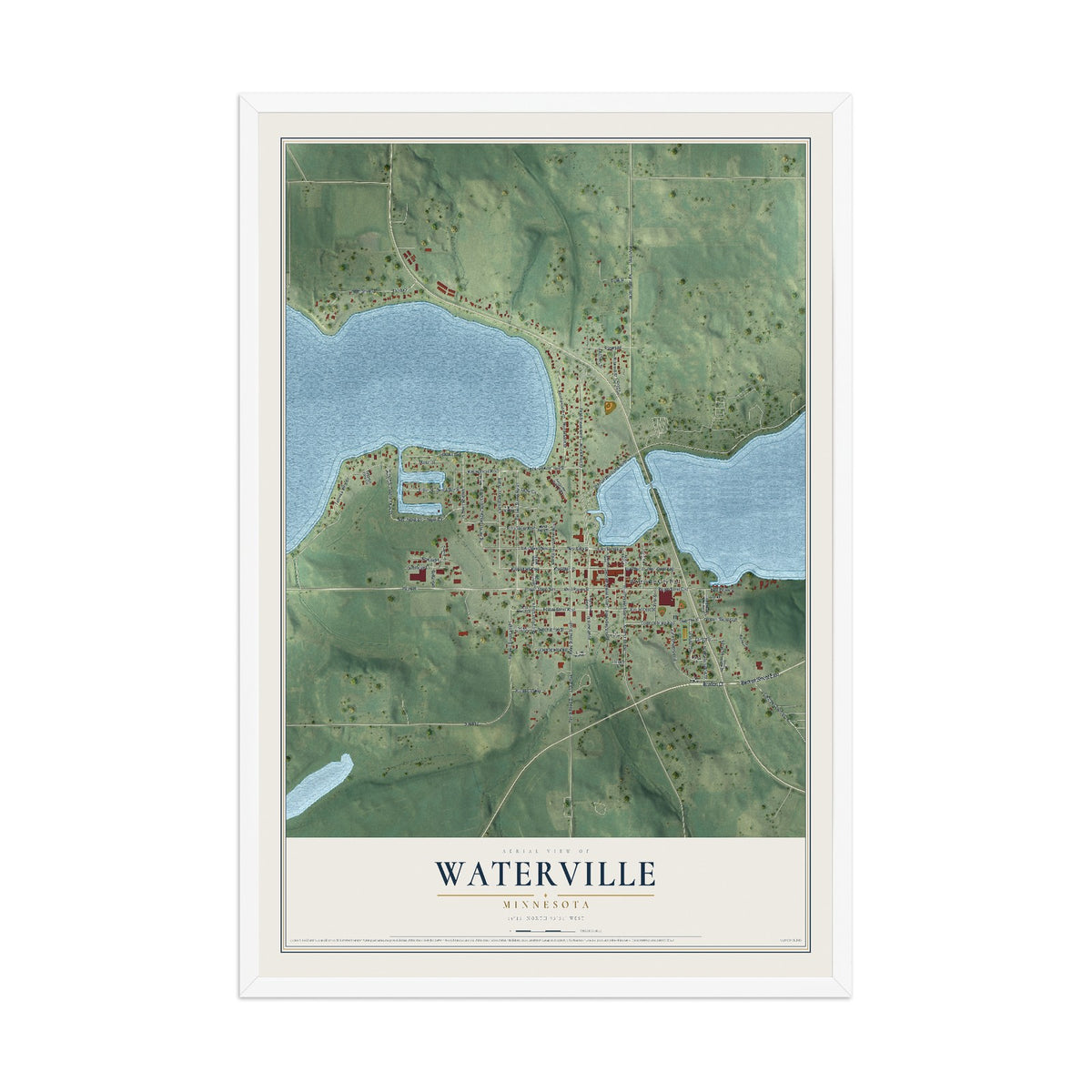 Map of Waterville, Minnesota, 12 x 18 inch print in a white wood frame