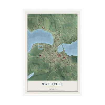 Map of Waterville, Minnesota, 12 x 18 inch print in a white wood frame