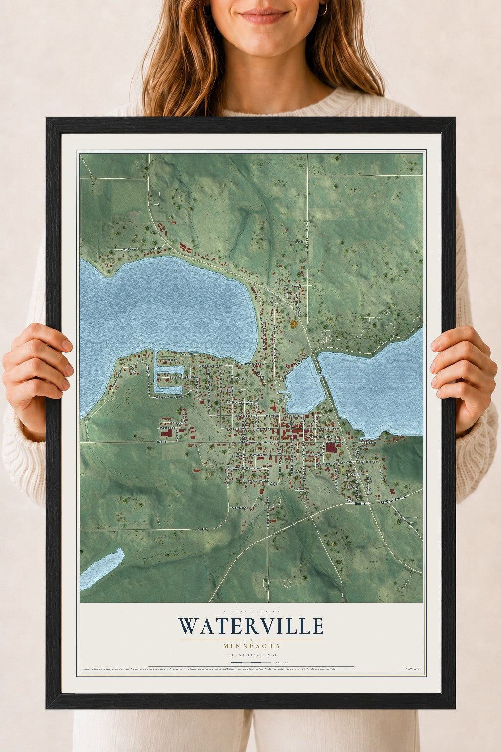 Map of Waterville, Minnesota, 18 x 24 inch print in a black wood frame