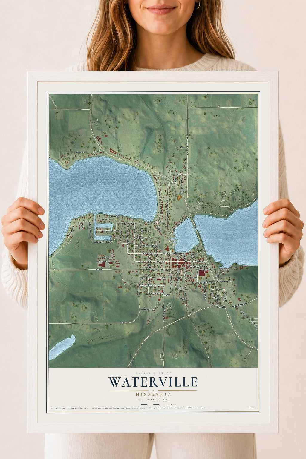 Map of Waterville, Minnesota, 18 x 24 inch print in a white wood frame