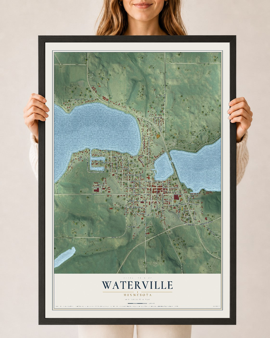Map of Waterville, Minnesota, 24 x 36 inch print in a black wood frame