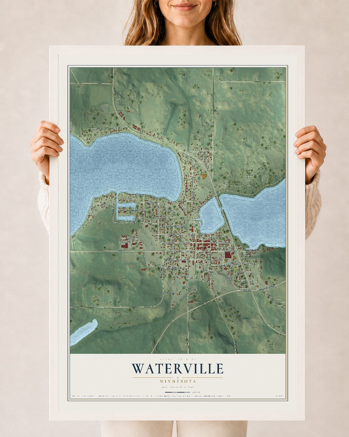 Map of Waterville, Minnesota, 24 x 36 inch print in a white wood frame