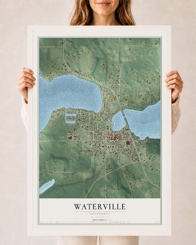 Map of Waterville, Minnesota, 24 x 36 inch print in a white wood frame