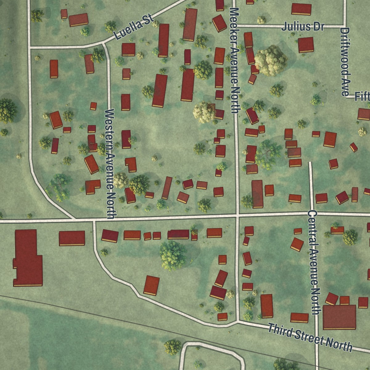 Second close-up of the map of Watkins, Minnesota print showing more streets and buildings