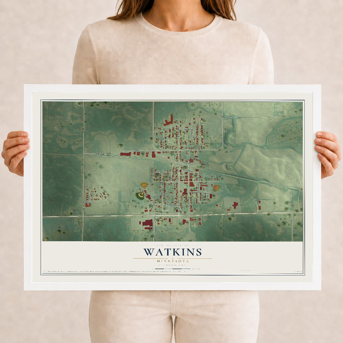 Map of Watkins, Minnesota, 12 x 18 inch print in a white wood frame