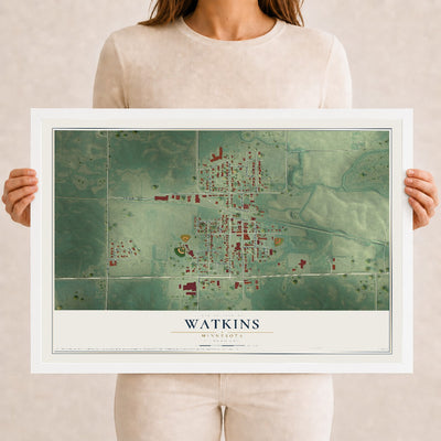 Map of Watkins, Minnesota, 12 x 18 inch print in a white wood frame