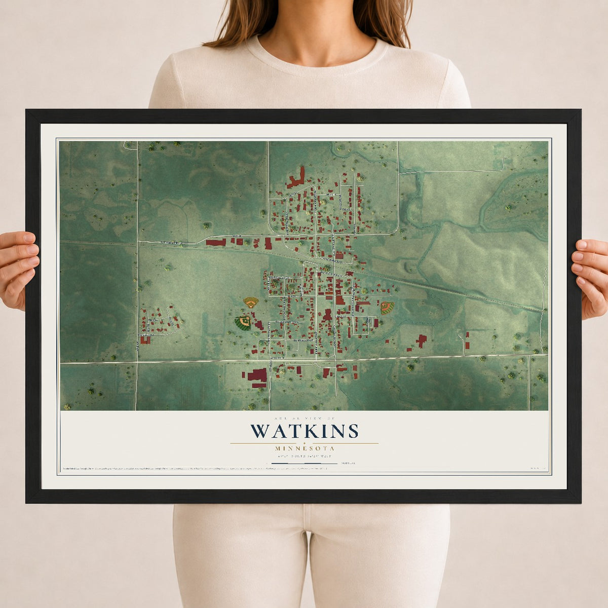Map of Watkins, Minnesota, 18 x 24 inch print in a black wood frame