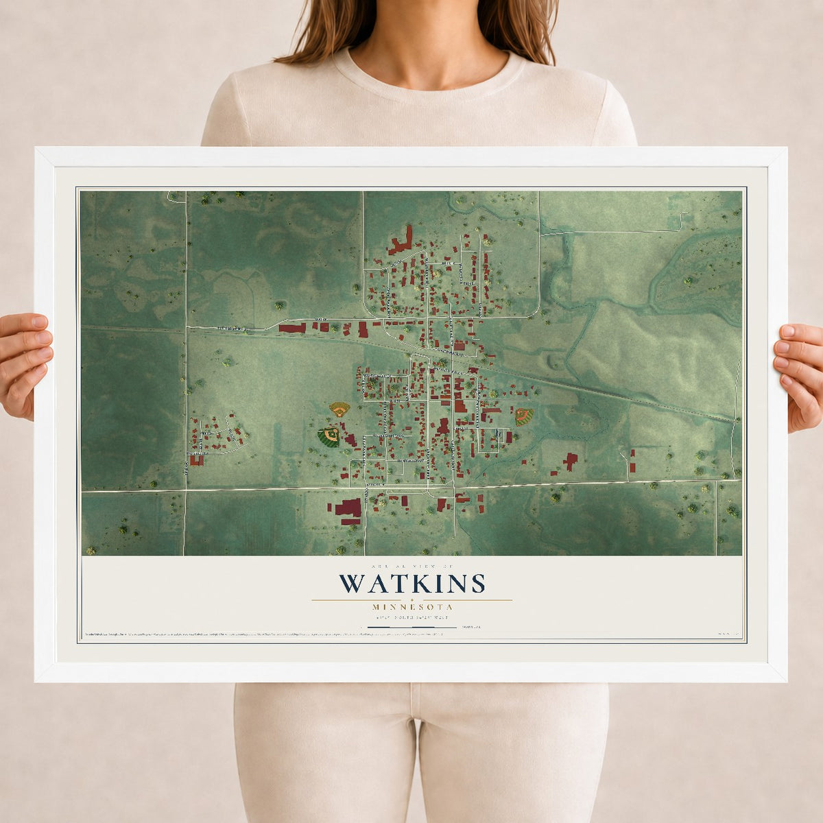 Map of Watkins, Minnesota, 18 x 24 inch print in a white wood frame