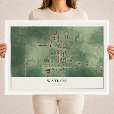 Map of Watkins, Minnesota, 18 x 24 inch print in a white wood frame