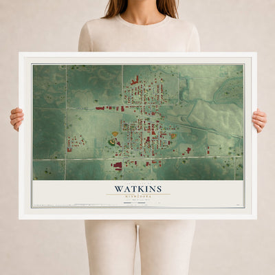 Map of Watkins, Minnesota, 24 x 36 inch print in a white wood frame