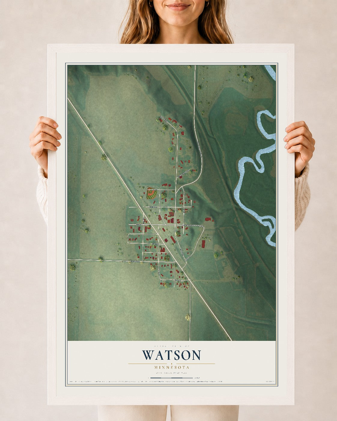 Map of Watson, Minnesota, 24 x 36 inch print in a white wood frame