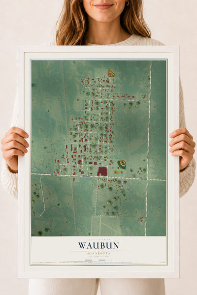 Map of Waubun, Minnesota, 18 x 24 inch print in a white wood frame